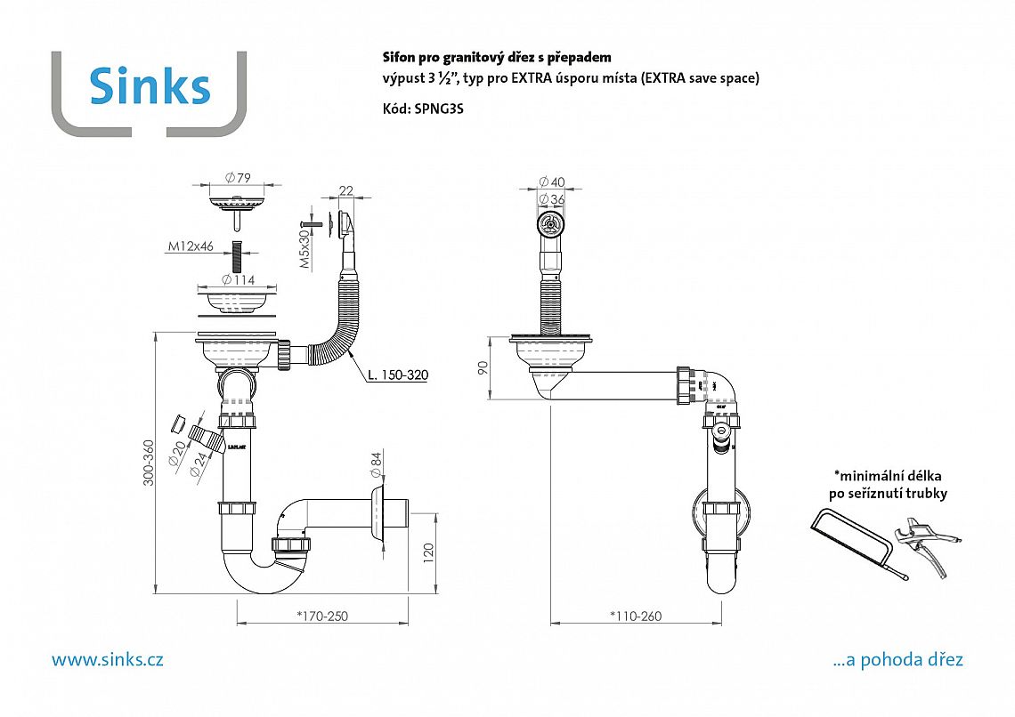 Sinks sifon 3 ½" pro granit. dřezy s extra úsporou místa - Obrázek 2