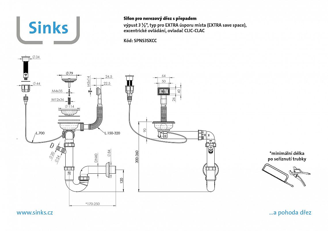 Sinks sifon 3 ½" pro nerez. dřezy s extra úsporou místa a s exc. ovladačem (clic-clac) - Obrázek 2